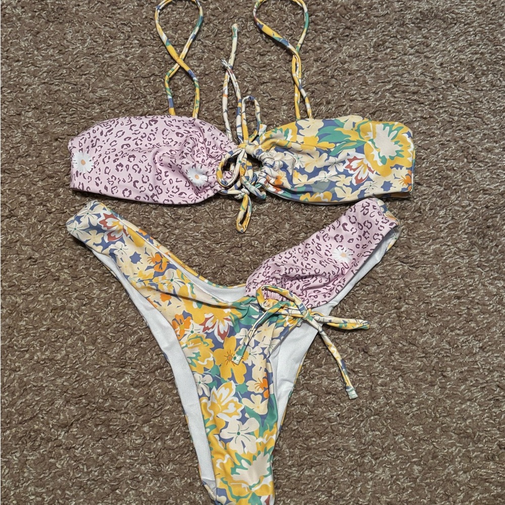 Floral and Leopard Print Bikini Set